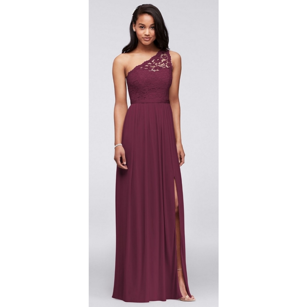 Davids Bridal Wine Lace One Shoulder Bridesmaid Dress 8